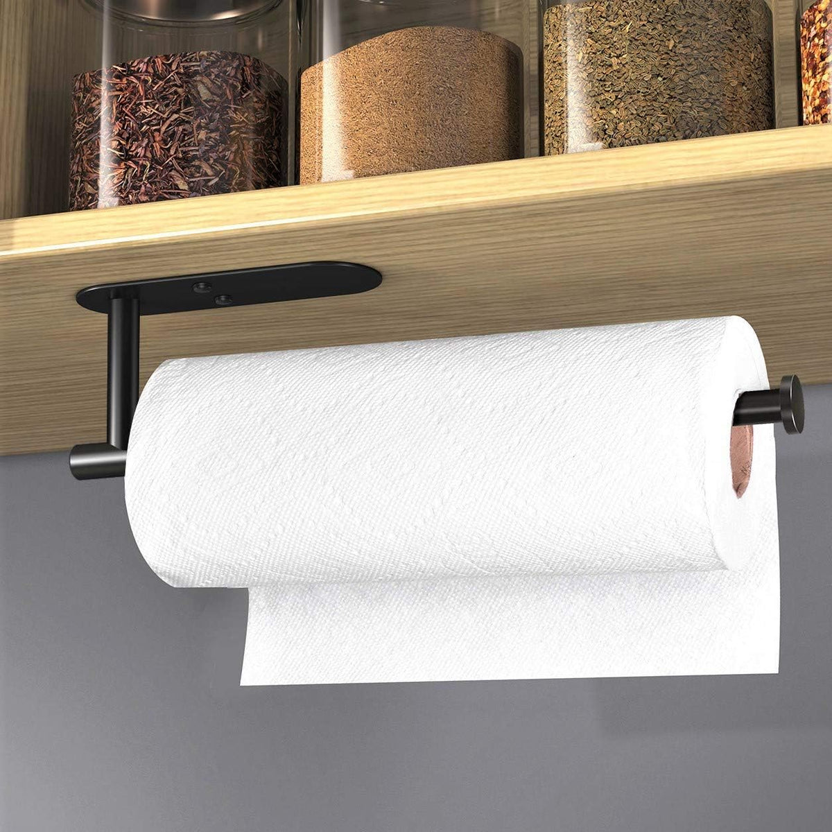 Adhesive Paper Towel Holder under Cabinet Wall Mount for Kitchen Paper Towel, Black Paper Towel Roll Holder Stick to Wall, SUS304 Stainless Steel（Black）