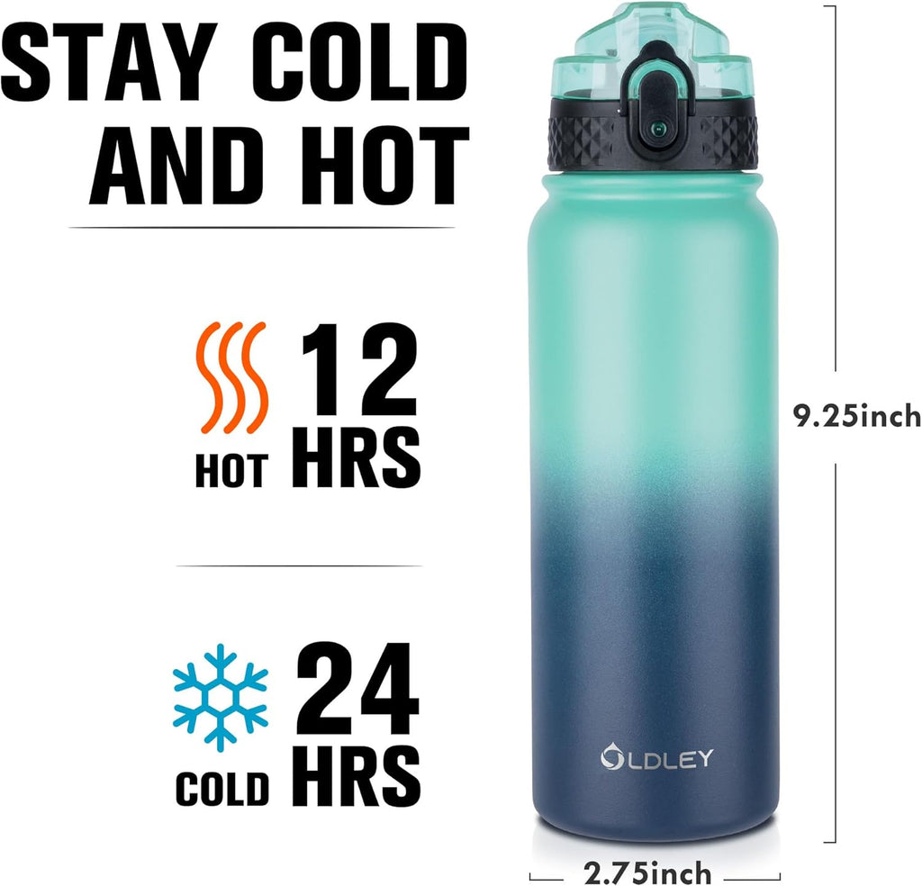 Insulated Water Bottle 20Oz for Adults Kids Stainless Steel Water Bottles with Straw/Chug/Carabiner 3 Lids Fruit Strainer Double Wall Vacuum Wide Mouth BPA Free Leak-Proof for School Travel