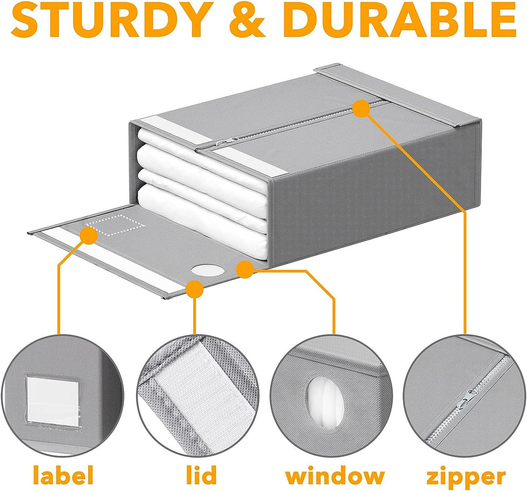 4 Pack Bed Sheet Organizers and Storage, Foldable Organizer for Linen Closet, Sheets Set Folder Keeper with Window XL (Queen & King Size) Organizing Bedding Container, Gray (91ZDSN-SL01-G4)