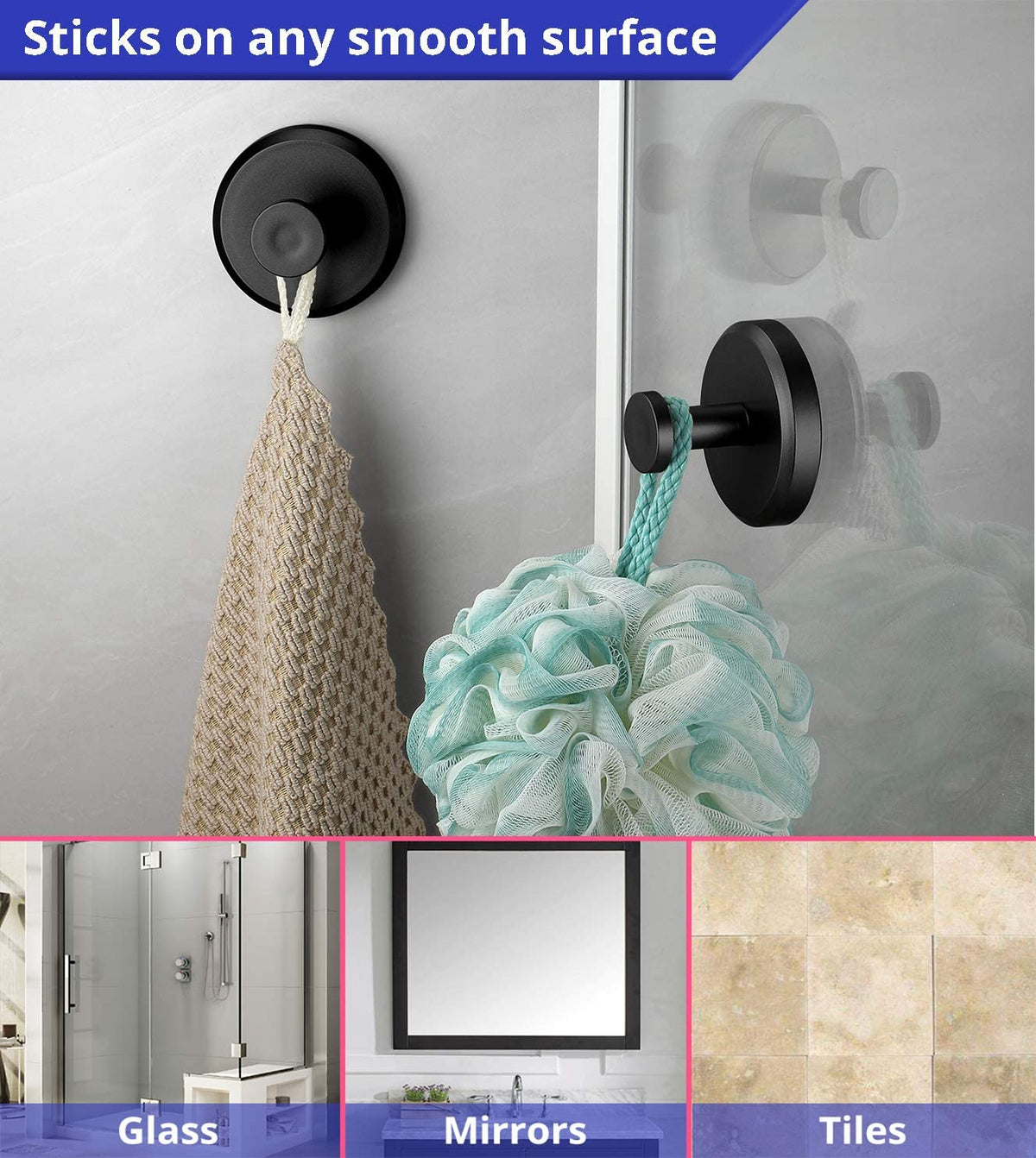 Suction Cup Hooks for Shower, Bathroom, Kitchen, Glass Door, Mirror, Tile – Loofah, Towel, Coat, Bath Robe Hook Holder for Hanging up to 15 Lbs – Waterproof, Dark, Matte Black (2-Pack)