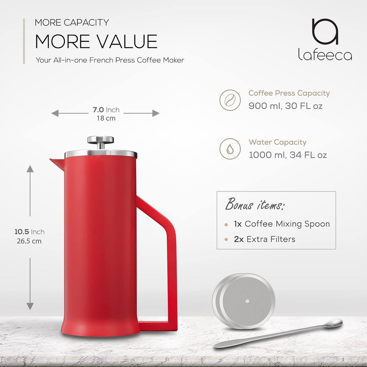 French Press Coffee Maker - Stainless Steel Double Wall Vacuum Insulated - Large Thermal Brewer 34 Oz 1000 Ml Red