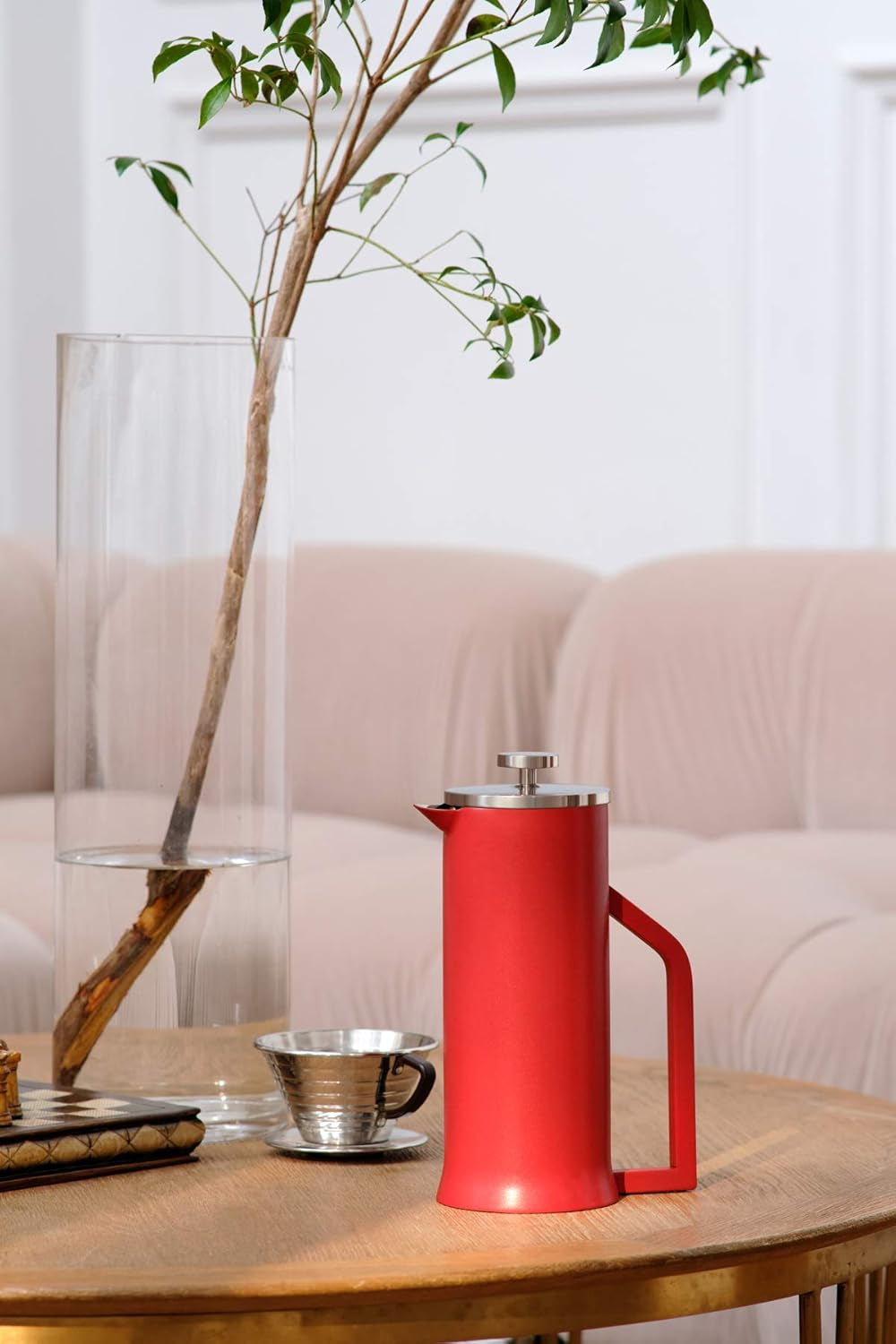 French Press Coffee Maker - Stainless Steel Double Wall Vacuum Insulated - Large Thermal Brewer 34 Oz 1000 Ml Red