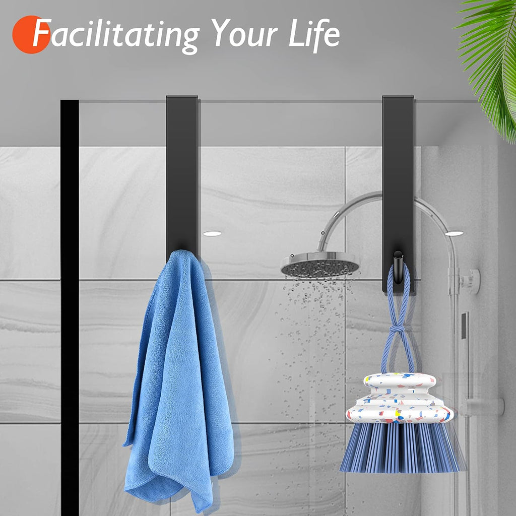 Shower Door Hooks(7.5 Inch),Extended over Door Hooks for Bathroom Frameless Glass,Stainless Steel Towel Hooks,Heavy Duty Rack Hooks for Robe,Towel-2 Pack, Black