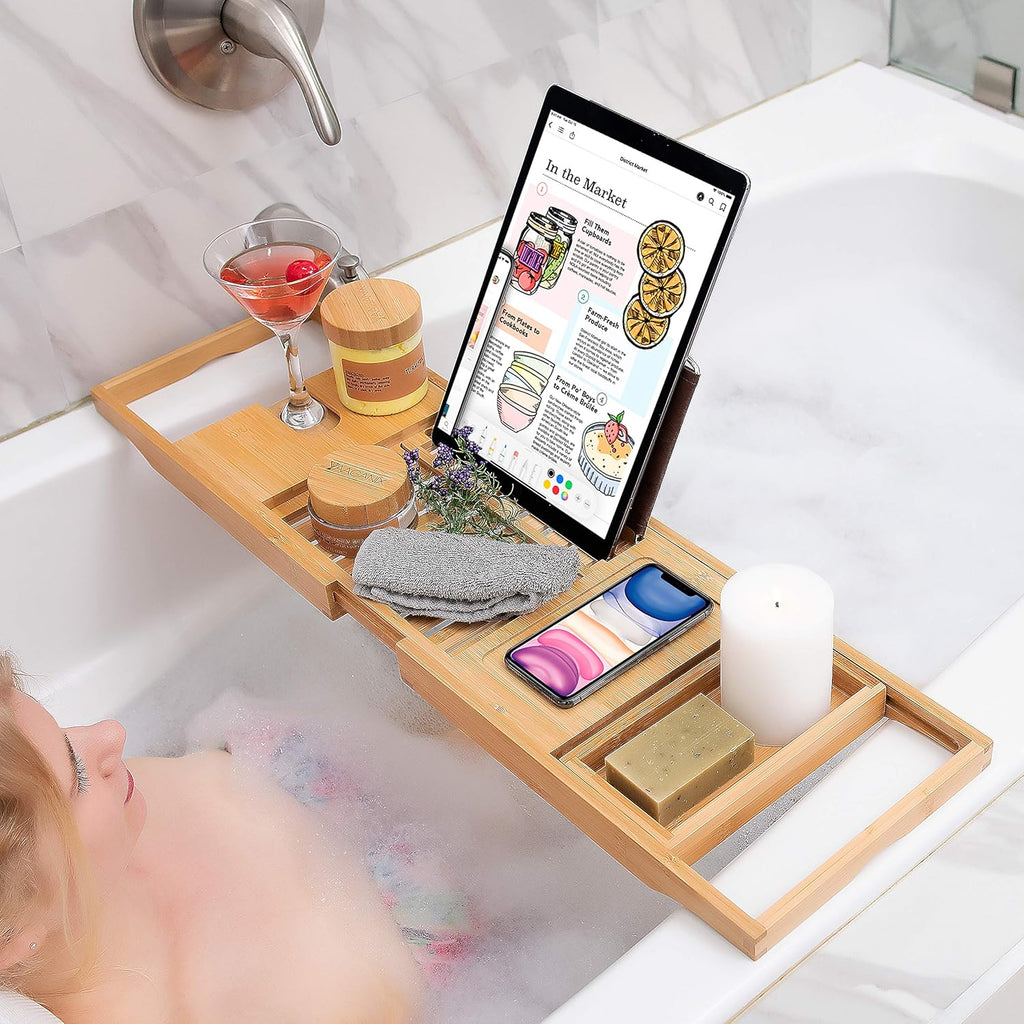 Bamboo Bathtub Tray - Expandable Bathroom Bathtub Table Tray with Reading Rack or Tablet Holder - Bath Tray with Wine Glass Holder, Bathroom Caddy, Fits All Bathtubs (Natural Bamboo)