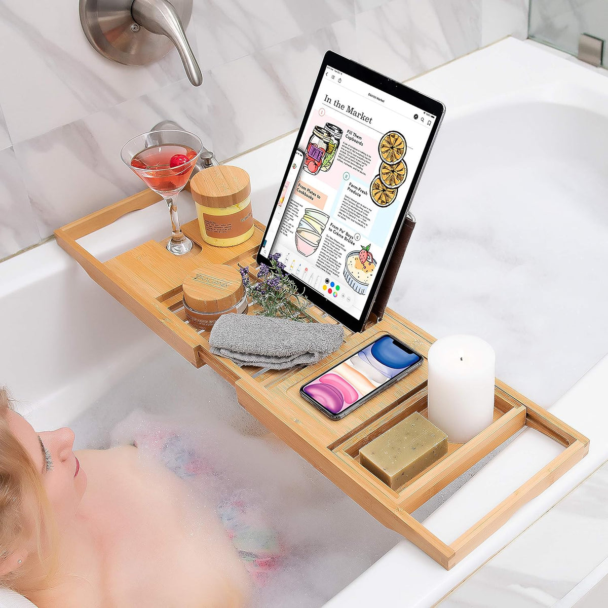 Bamboo Bathtub Tray - Expandable Bathroom Bathtub Table Tray with Reading Rack or Tablet Holder - Bath Tray with Wine Glass Holder, Bathroom Caddy, Fits All Bathtubs (Natural Bamboo)