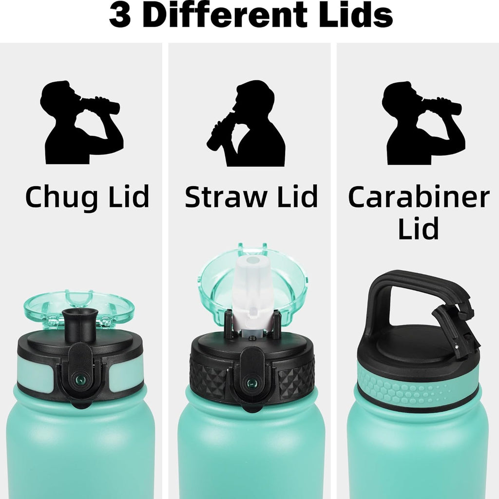 Insulated Water Bottle 20Oz for Adults Kids Stainless Steel Water Bottles with Straw/Chug/Carabiner 3 Lids Fruit Strainer Double Wall Vacuum Wide Mouth BPA Free Leak-Proof for School Travel