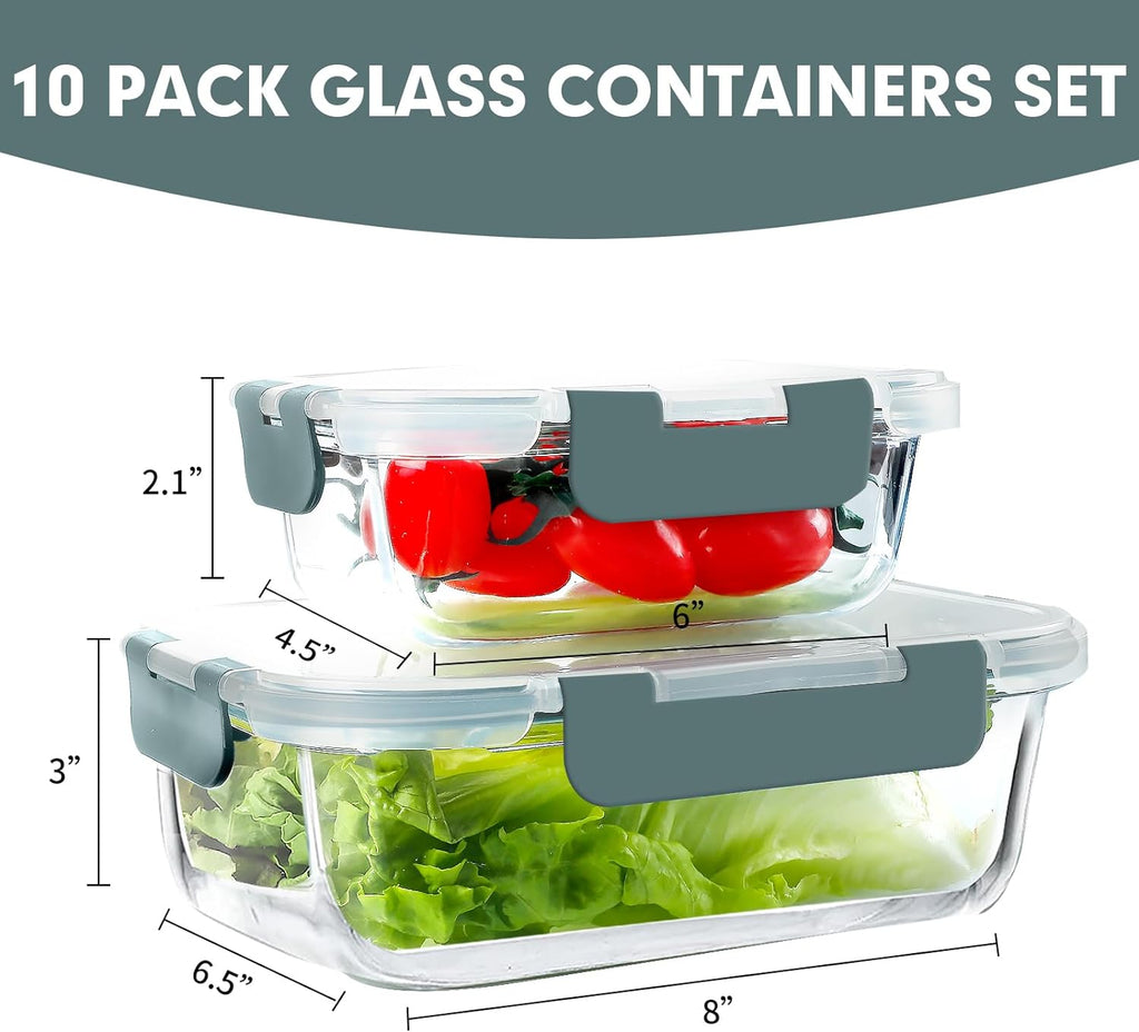 10 Pack Glass Meal Prep Containers, Airtight Glass Lunch Containers, Stackable Glass Food Storage Containers Set with Lids,Exclusive of Bpa,For Microwave, Oven, Freezer & Dishwasher,Grey