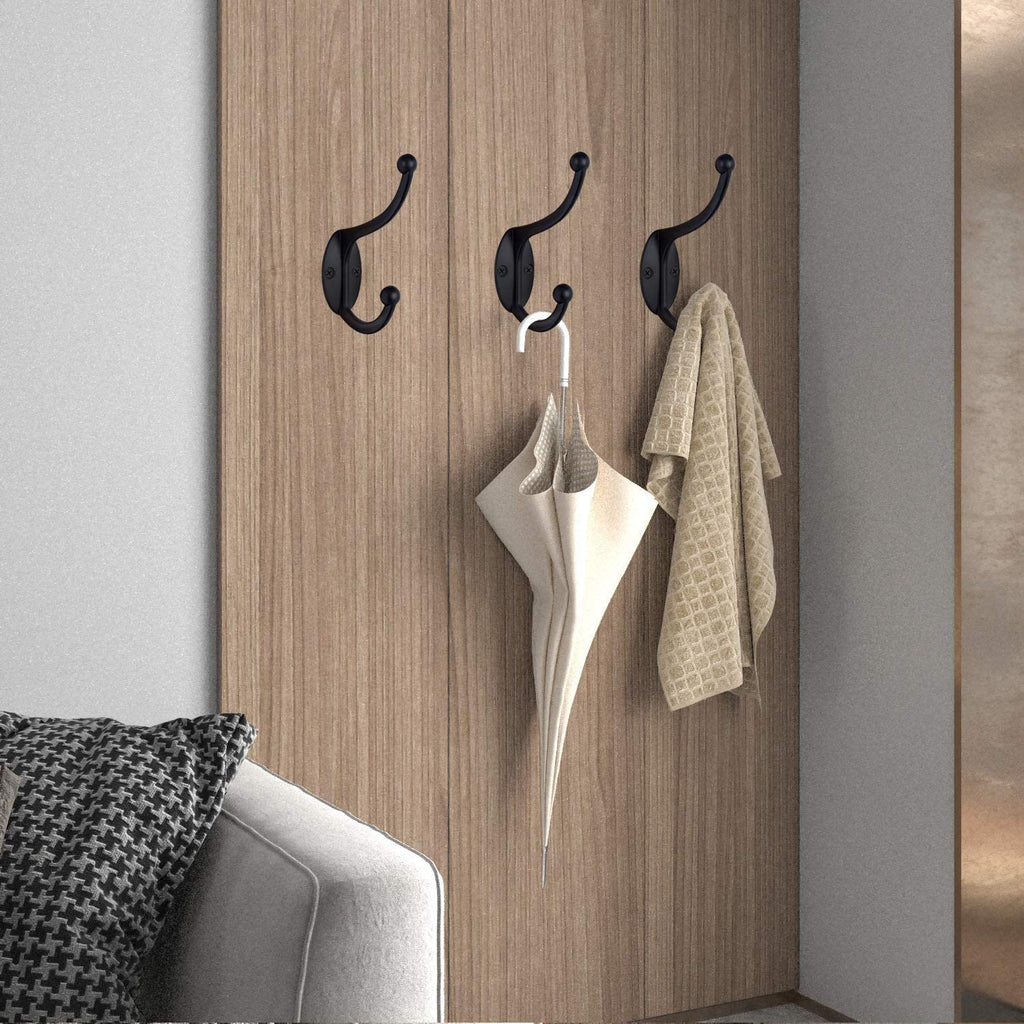 Wall Hooks,10Pcs Coat Hooks Hardware Towel Hooks for Hanging Coats Double No Rust Black Robe Hooks Wall Mounted with Screws for Key, Towel, Bags, Cup, Hat
