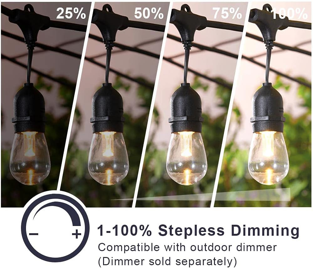 48Ft LED Outdoor String Lights with 0.9W Shatterproof Bulbs for Patio, Backyard, Porch, Commercial Light String