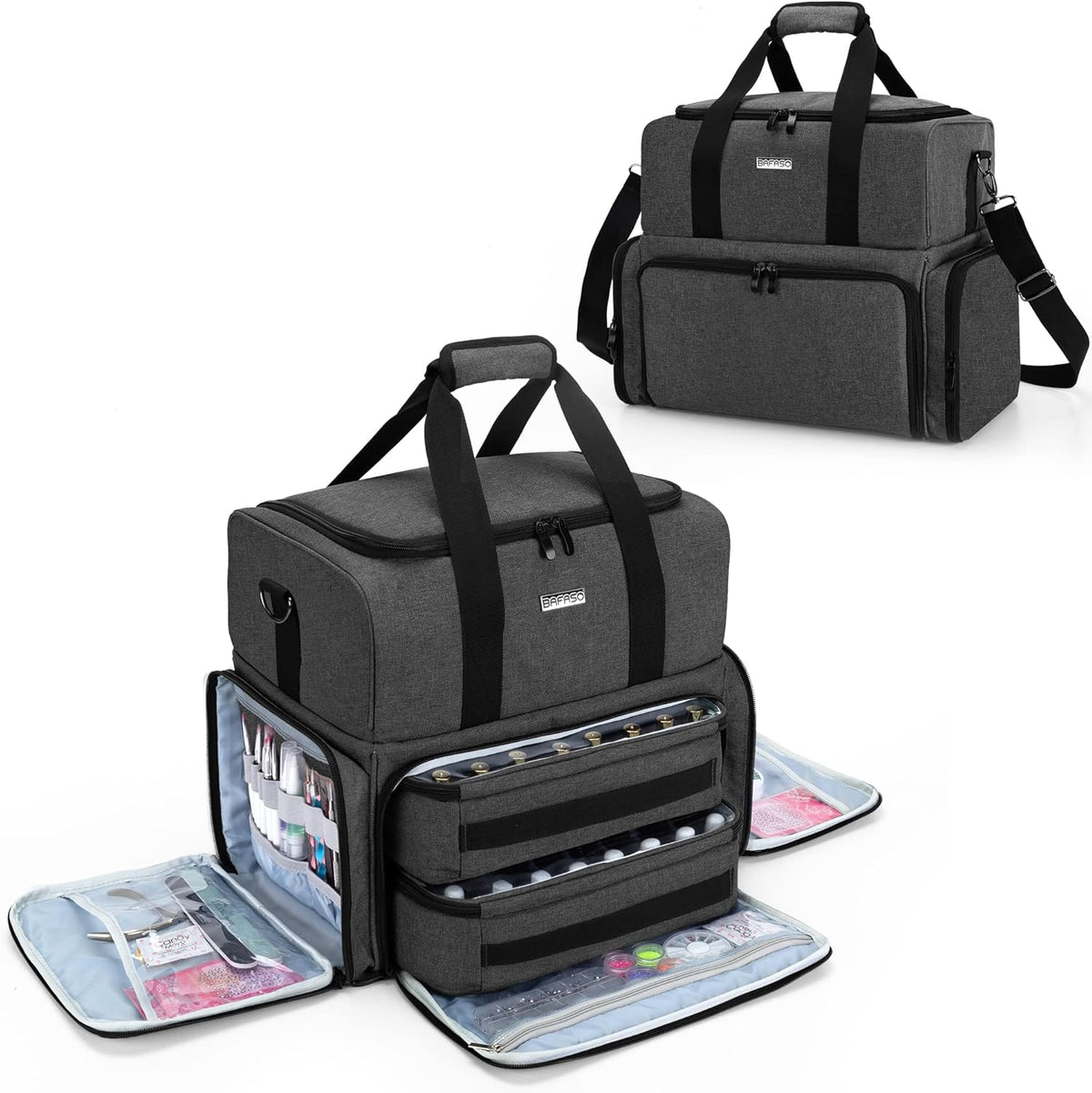 Double Layer Nail Polish Organizer Holds 80 Bottles (15Ml - 0.5 Fl.Oz) and a UV Nail Lamp, Nail Polish Case with 2 Removable Pouches and Manicure Tools Storage Sections (Bag Only), Black