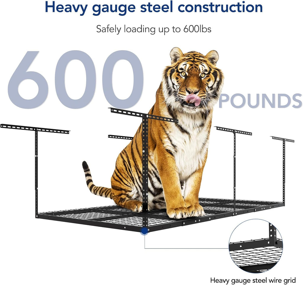 4X8 Overhead Garage Storage Rack, Adjustable Garage Storage Organization Systerm, Heavy Duty Metal Garage Ceiling Storage Racks, 600Lbs Weight Capacity, Black