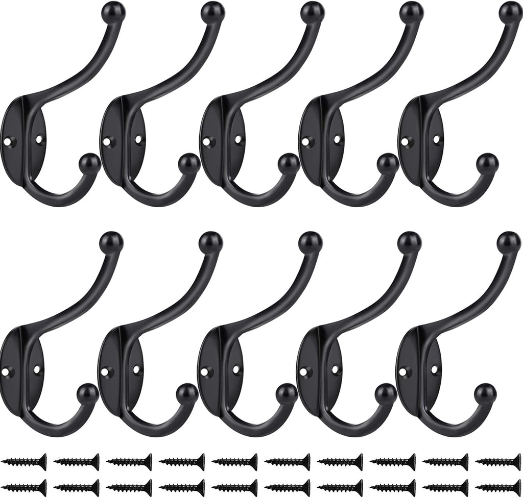 Wall Hooks,10Pcs Coat Hooks Hardware Towel Hooks for Hanging Coats Double No Rust Black Robe Hooks Wall Mounted with Screws for Key, Towel, Bags, Cup, Hat