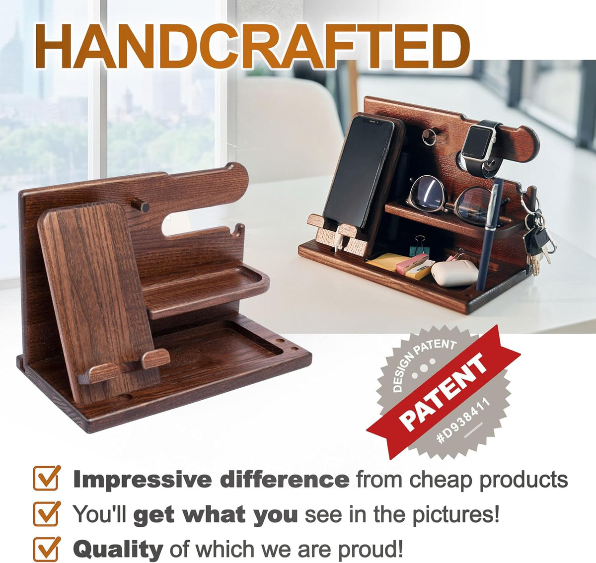 Wood Phone Docking Station for Men - Desk or Nightstand Organizer - Birthday Gifts for Husband, Dad - Anniversary Idea from Wife - Key Holder, Stand Wallet, Watch & Essentials (Bourbon Brown)