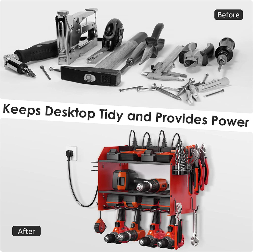 Modular Power Tool Organizer Wall Mount with Charging Station. Garage 4 Drill Storage Shelf with Hooks, Screwdriver, Drill Bit Heavy Duty Rack, Tool Battery Holder Built in 8 Outlet Power Strip.