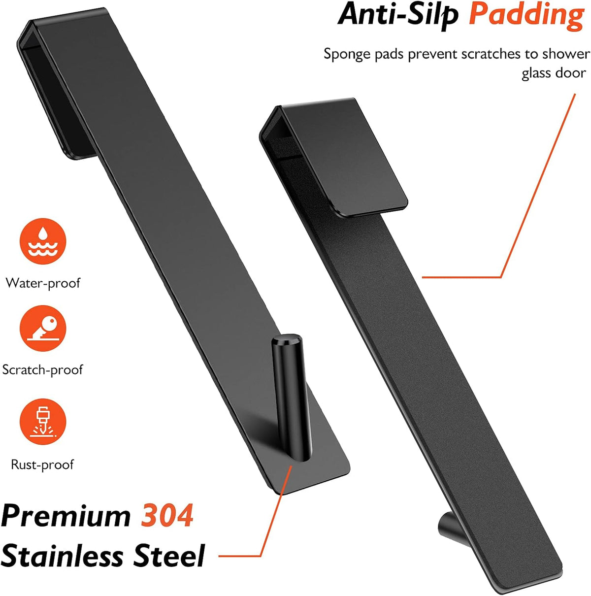Shower Door Hooks(7.5 Inch),Extended over Door Hooks for Bathroom Frameless Glass,Stainless Steel Towel Hooks,Heavy Duty Rack Hooks for Robe,Towel-2 Pack, Black