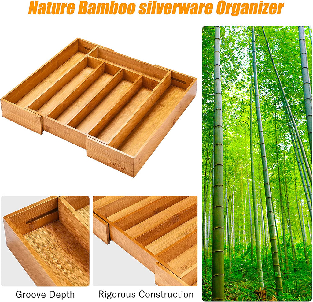 Silverware Organizer Kitchen Drawer Organizer Expandable Bamboo Utensil Holder Cutlery Tray for Kitchen Utensil and Flatware Bedroom Office