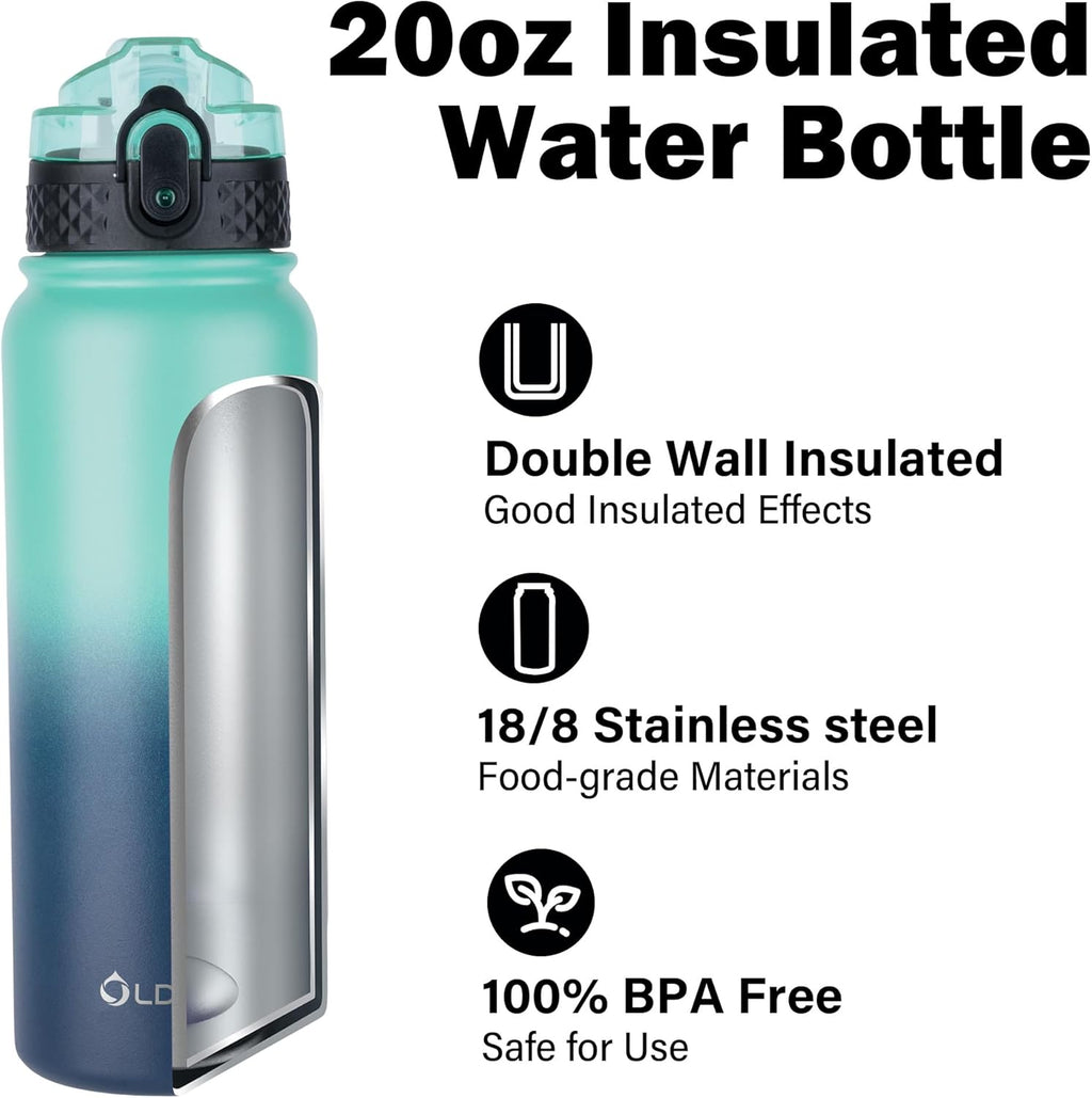 Insulated Water Bottle 20Oz for Adults Kids Stainless Steel Water Bottles with Straw/Chug/Carabiner 3 Lids Fruit Strainer Double Wall Vacuum Wide Mouth BPA Free Leak-Proof for School Travel