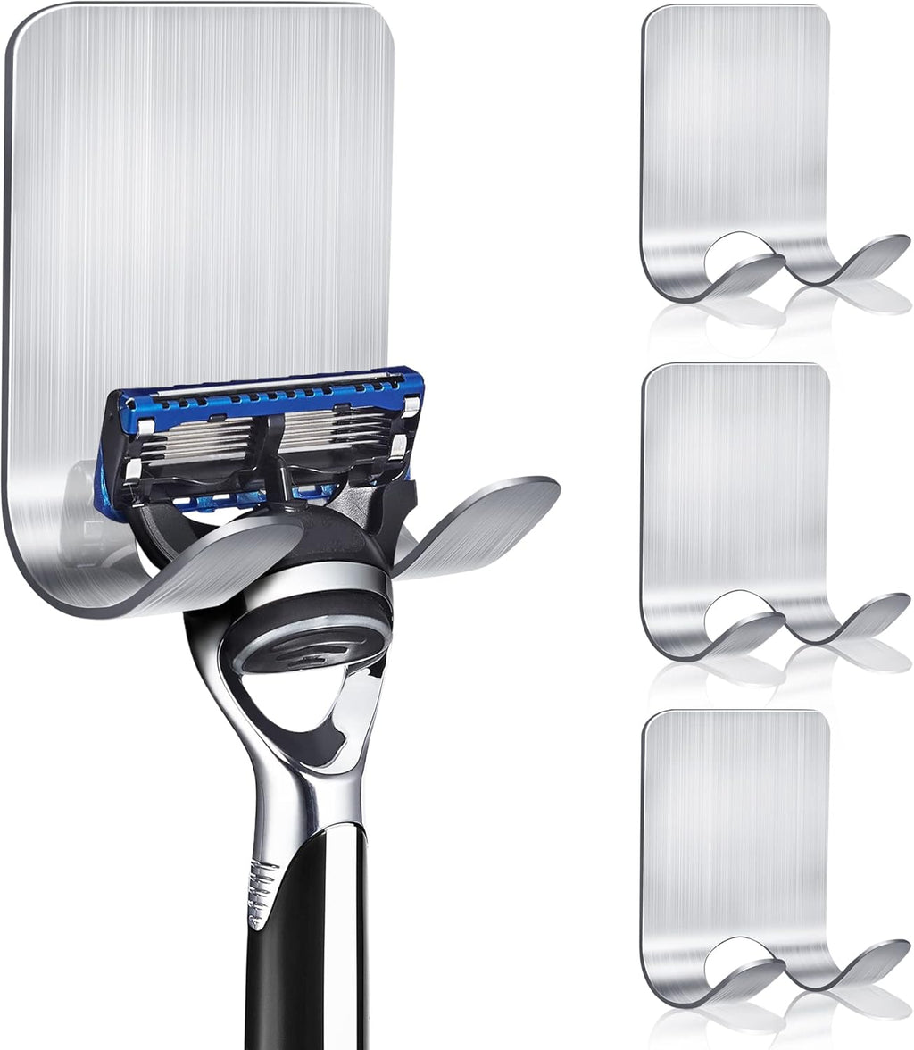 Razor Holder for Shower, 4 Pack Stainless Steel Razor Holder Hooks, Waterproof Self-Adhesive Shaver Holder Hanger Hooks for Bathroom Kitchen to Organize Loofah Robe Towel Plug Coat