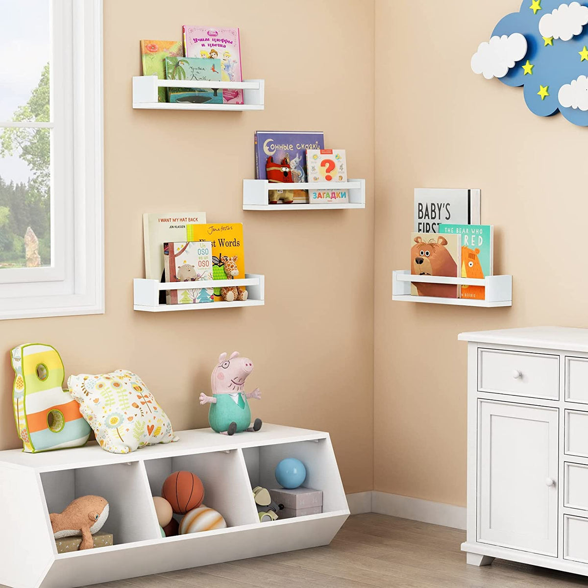 Floating Nursery Book Shelves for Wall Set of 4, White Wall Bookshelf for Kids Room, Small Wood Book Shelf Wall Mounted for Baby Teen Boys Girls Bedoom Bathroom Toy and Decor Storage