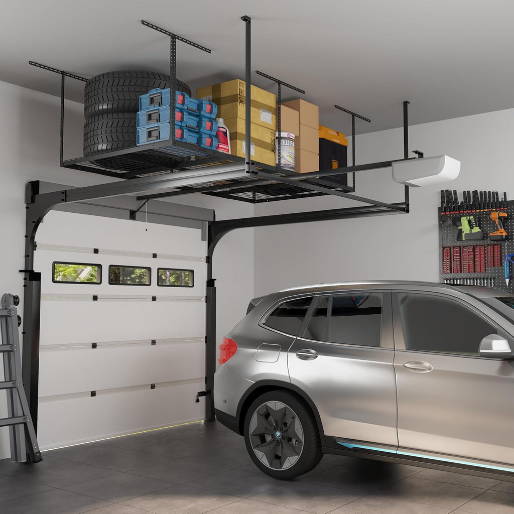 4X8 Overhead Garage Storage Rack, Adjustable Garage Storage Organization Systerm, Heavy Duty Metal Garage Ceiling Storage Racks, 600Lbs Weight Capacity, Black