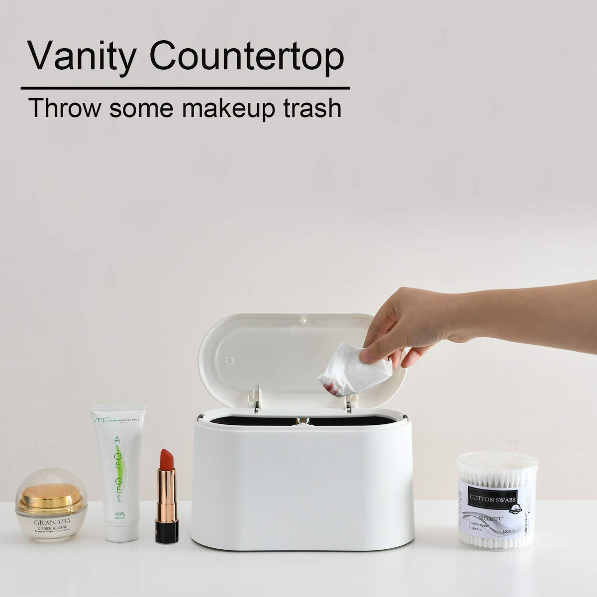 Mini Trash Can with Lid,Small Desk Trash Can,Countertop Mini Garbage Cans,Tiny Waste Basket,White,With 3 Roll Bags