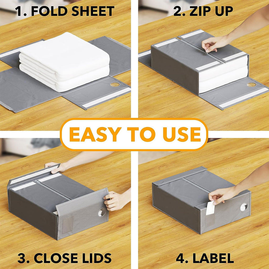 4 Pack Bed Sheet Organizers and Storage, Foldable Organizer for Linen Closet, Sheets Set Folder Keeper with Window XL (Queen & King Size) Organizing Bedding Container, Gray (91ZDSN-SL01-G4)