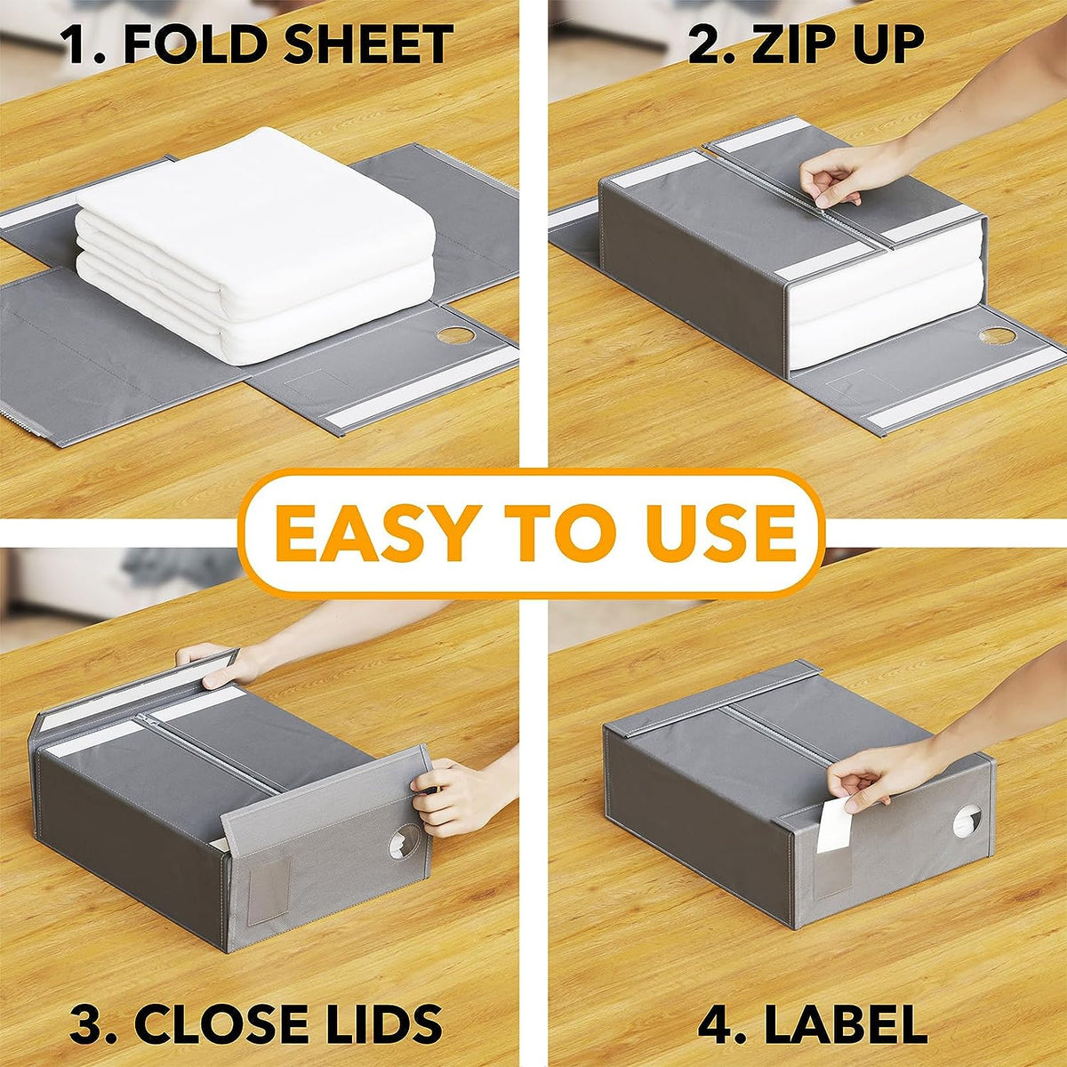 4 Pack Bed Sheet Organizers and Storage, Foldable Organizer for Linen Closet, Sheets Set Folder Keeper with Window XL (Queen & King Size) Organizing Bedding Container, Gray (91ZDSN-SL01-G4)