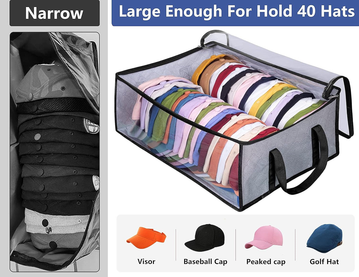 Hat Storage for Baseball Caps, Large Holds up to 40 Caps Wide Hat Organizer for Closet Snapback Holder, Grey