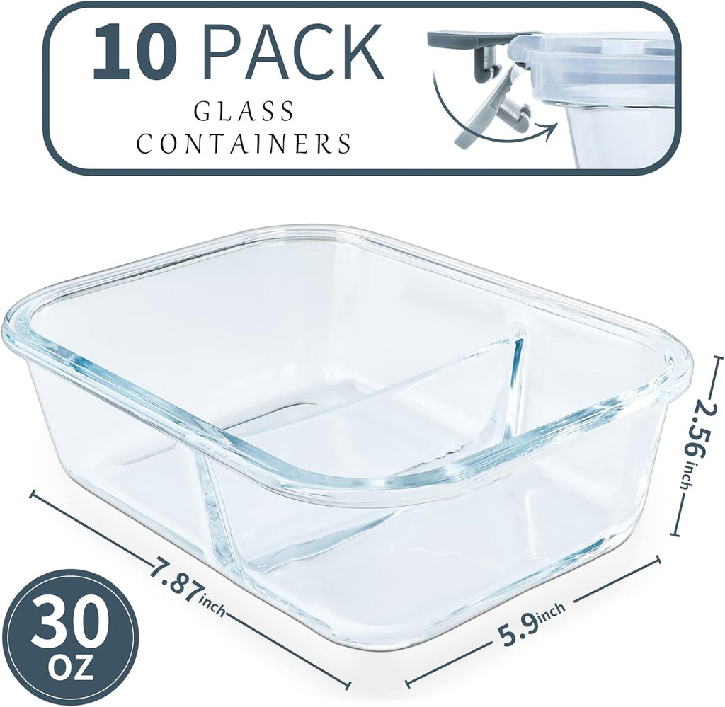 10 Packs Glass Meal Prep Containers 2 Compartments,Glass Food Storage Containers with Lids,Airtight Glass Lunch Bento Boxes,Bpa Free,Oven,Freezer and Dishwasher Safe…