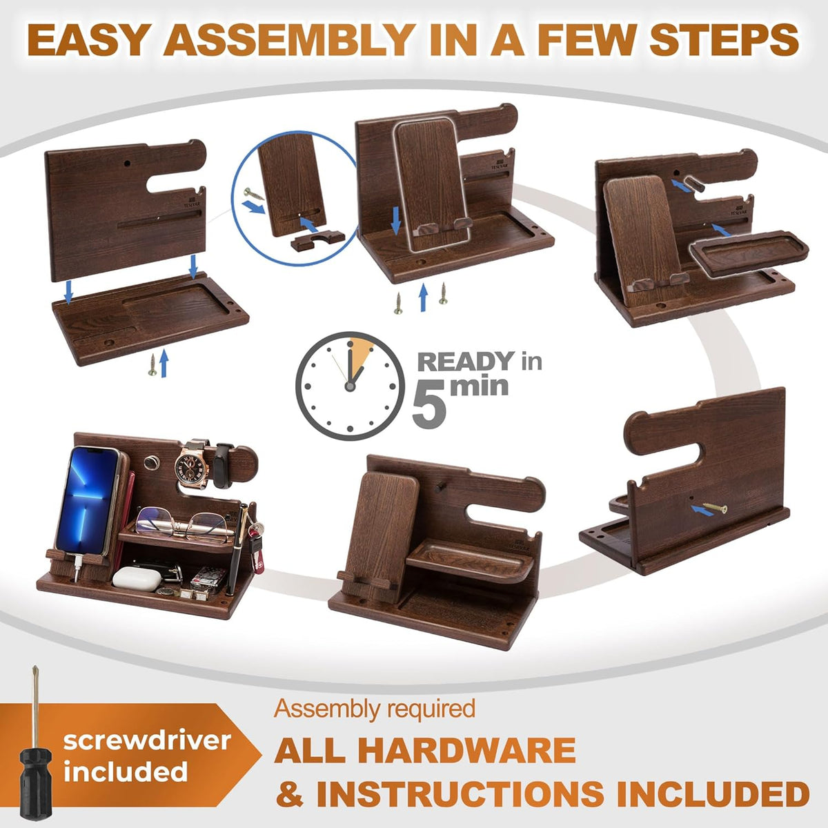 Wood Phone Docking Station for Men - Desk or Nightstand Organizer - Birthday Gifts for Husband, Dad - Anniversary Idea from Wife - Key Holder, Stand Wallet, Watch & Essentials (Bourbon Brown)