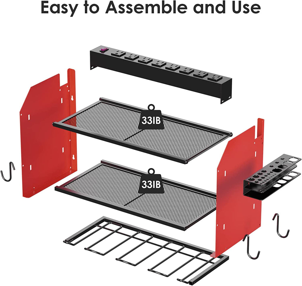 Modular Power Tool Organizer Wall Mount with Charging Station. Garage 4 Drill Storage Shelf with Hooks, Screwdriver, Drill Bit Heavy Duty Rack, Tool Battery Holder Built in 8 Outlet Power Strip.