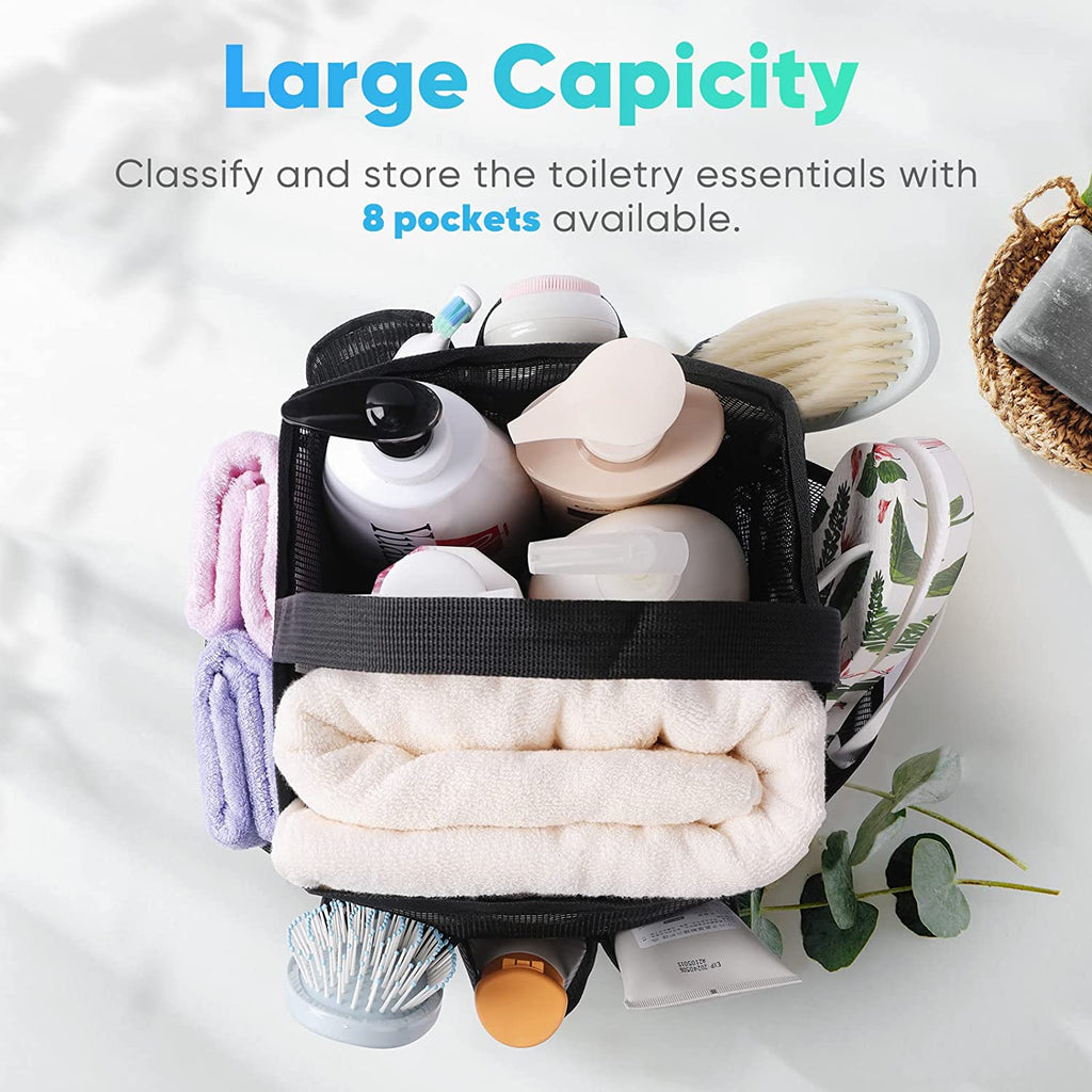Mesh Shower Caddy Portable for College Dorm Room Essentials, 8-Pocket Large Capacity Shower Bag for Beach, Swimming, Gym