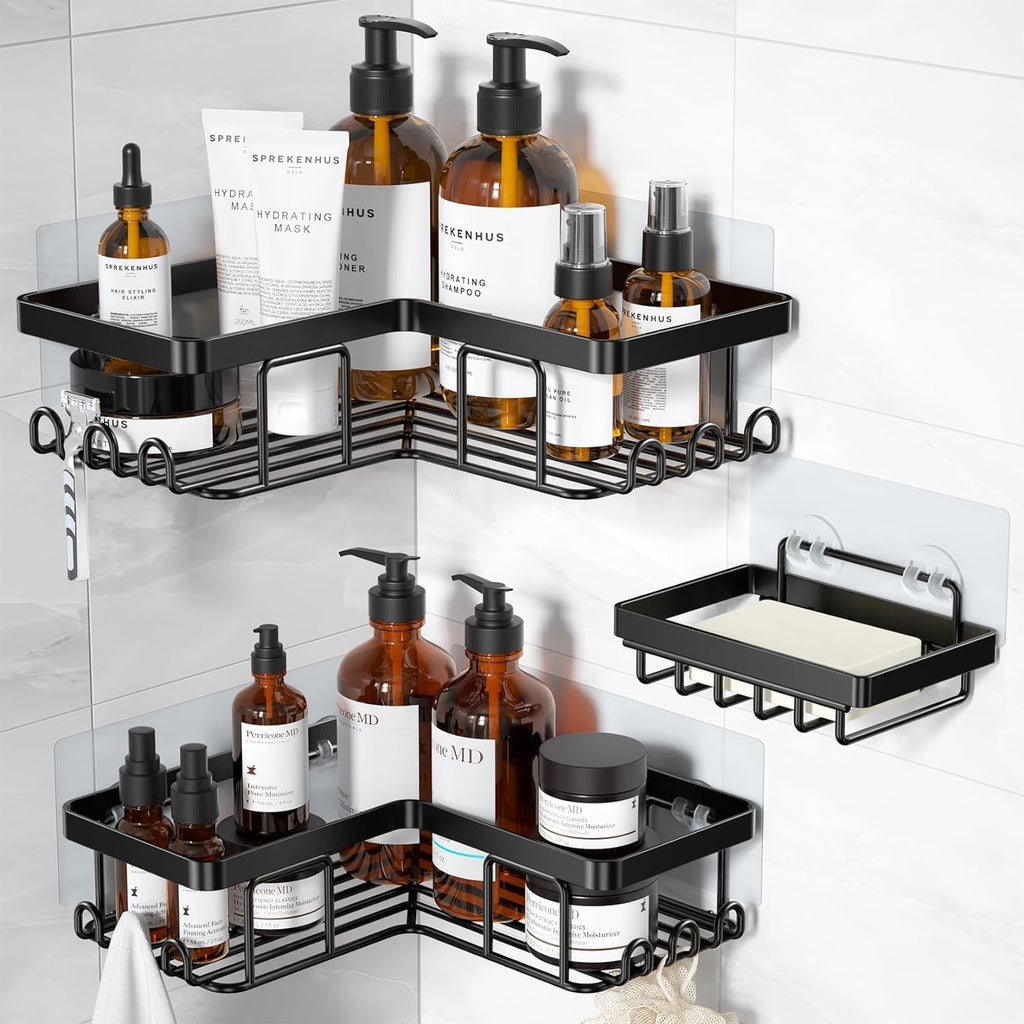 Corner Adhesive Shower Caddy, with Soap Holder and 12 Hooks, Rustproof Stainless Steel Bathroom Organizer, No Drilling Wall Mounted Rack, Black, 3-Pack