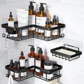 Corner Adhesive Shower Caddy, with Soap Holder and 12 Hooks, Rustproof Stainless Steel Bathroom Organizer, No Drilling Wall Mounted Rack, Black, 3-Pack