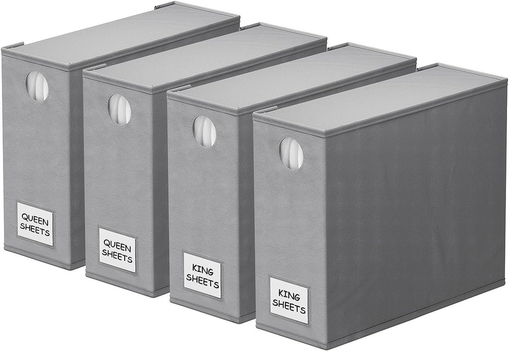 4 Pack Bed Sheet Organizers and Storage, Foldable Organizer for Linen Closet, Sheets Set Folder Keeper with Window XL (Queen & King Size) Organizing Bedding Container, Gray (91ZDSN-SL01-G4)