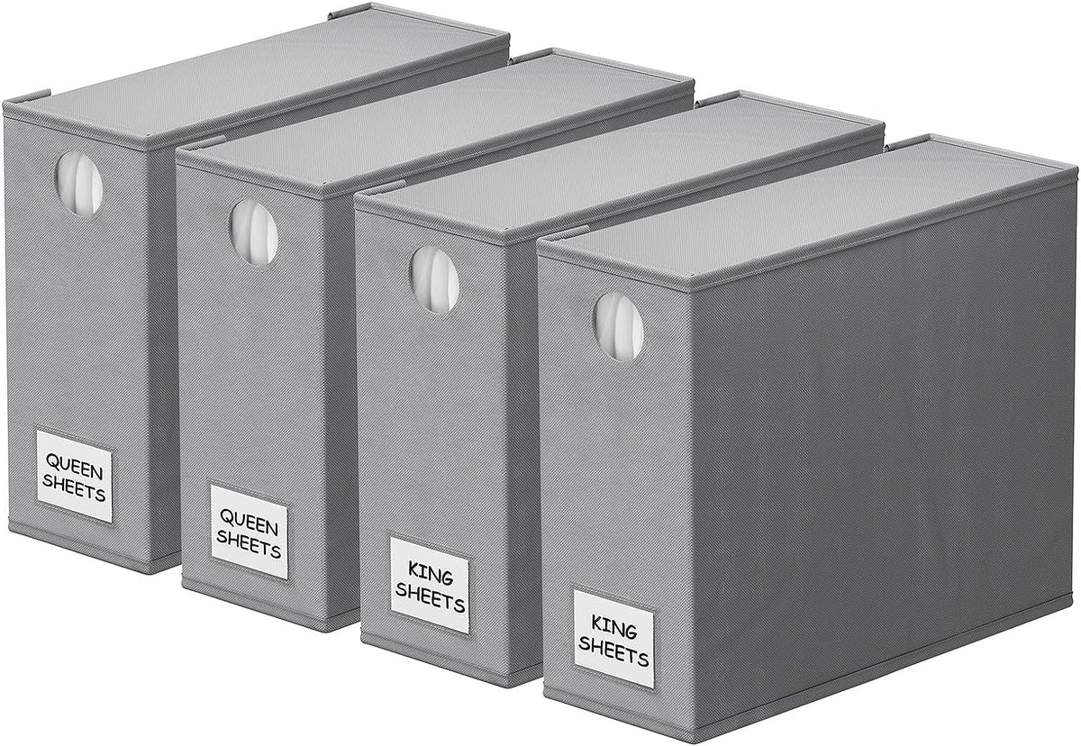 4 Pack Bed Sheet Organizers and Storage, Foldable Organizer for Linen Closet, Sheets Set Folder Keeper with Window XL (Queen & King Size) Organizing Bedding Container, Gray (91ZDSN-SL01-G4)