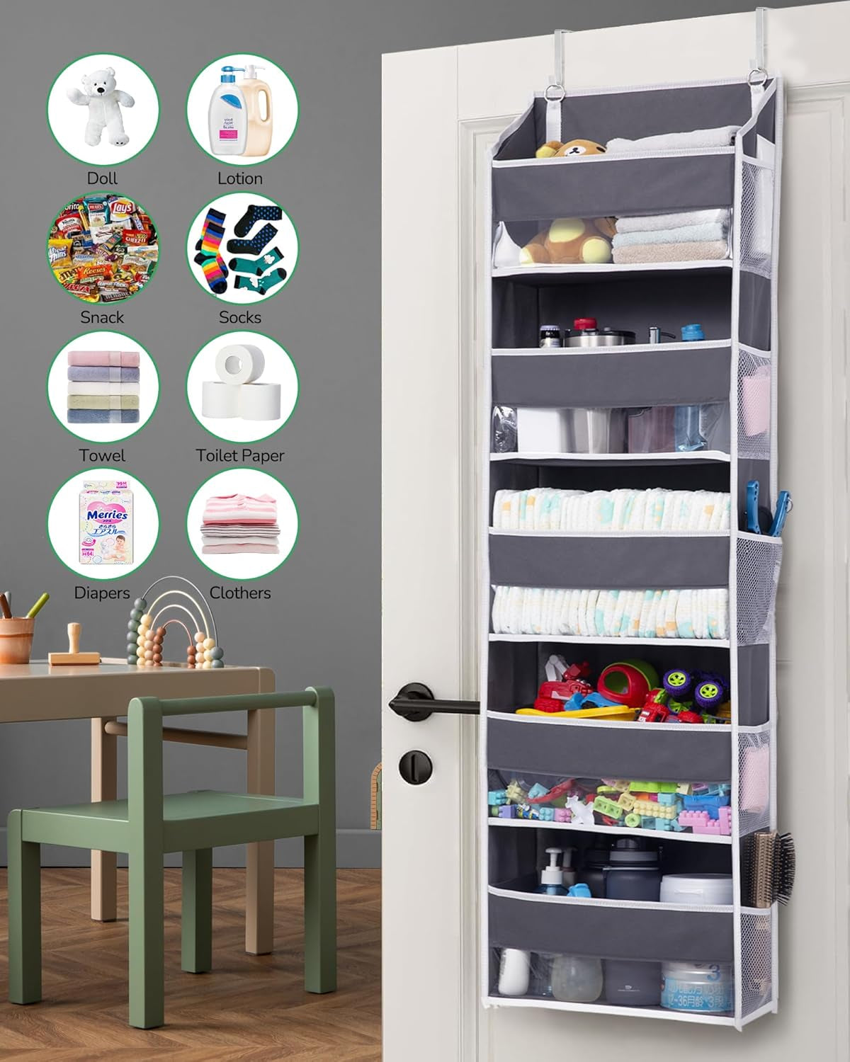 1 Pack over Door Organizer with 5 Large Pockets 10 Mesh Side Pockets, 44 Lbs Weight Capacity Hanging Storage Organizer with Clear Window Kids Toys, Shoes, Diapers, Dark Grey, 5 Layers