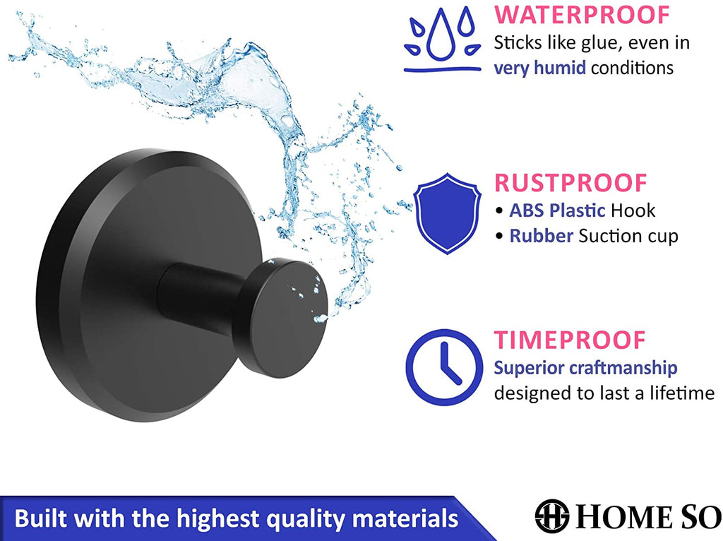 Suction Cup Hooks for Shower, Bathroom, Kitchen, Glass Door, Mirror, Tile – Loofah, Towel, Coat, Bath Robe Hook Holder for Hanging up to 15 Lbs – Waterproof, Dark, Matte Black (2-Pack)