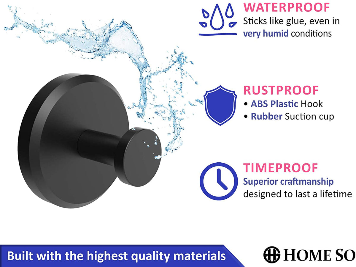 Suction Cup Hooks for Shower, Bathroom, Kitchen, Glass Door, Mirror, Tile – Loofah, Towel, Coat, Bath Robe Hook Holder for Hanging up to 15 Lbs – Waterproof, Dark, Matte Black (2-Pack)