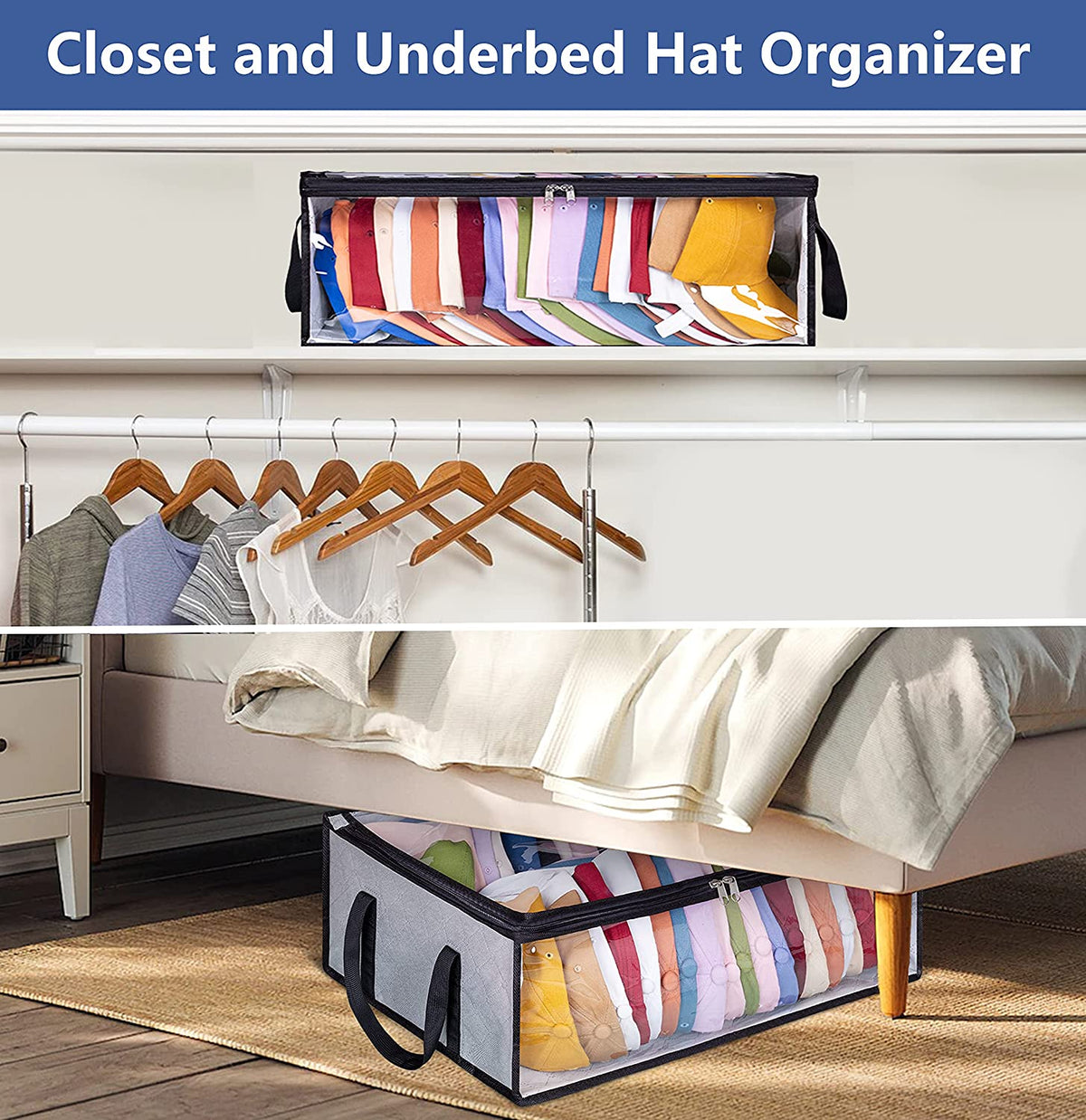 Hat Storage for Baseball Caps, Large Holds up to 40 Caps Wide Hat Organizer for Closet Snapback Holder, Grey