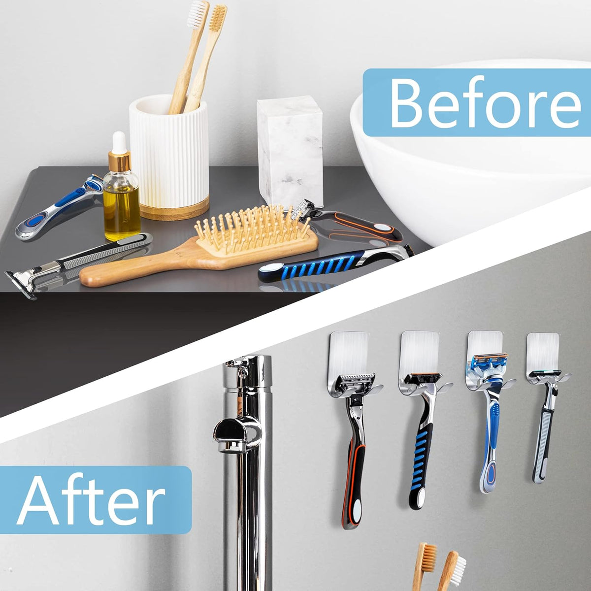 Razor Holder for Shower, 4 Pack Stainless Steel Razor Holder Hooks, Waterproof Self-Adhesive Shaver Holder Hanger Hooks for Bathroom Kitchen to Organize Loofah Robe Towel Plug Coat