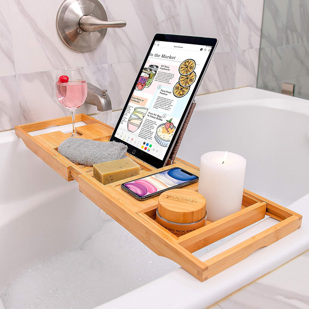 Bamboo Bathtub Tray - Expandable Bathroom Bathtub Table Tray with Reading Rack or Tablet Holder - Bath Tray with Wine Glass Holder, Bathroom Caddy, Fits All Bathtubs (Natural Bamboo)