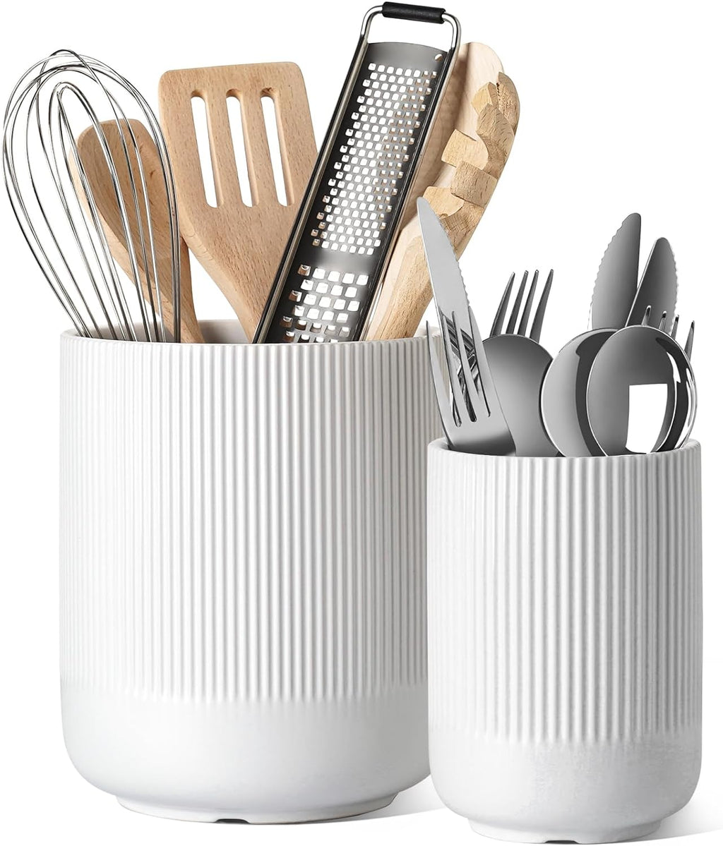 Utensil Holder, 7.3"+5.4" Ceramic Kitchen Utensil Holder for Countertop, Large Cooking Utensil Crocks for Kitchen Counter, Morden Utensil Organizer Storage Caddy for Cutlery, Set of 2, White