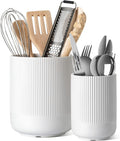 Utensil Holder, 7.3"+5.4" Ceramic Kitchen Utensil Holder for Countertop, Large Cooking Utensil Crocks for Kitchen Counter, Morden Utensil Organizer Storage Caddy for Cutlery, Set of 2, White
