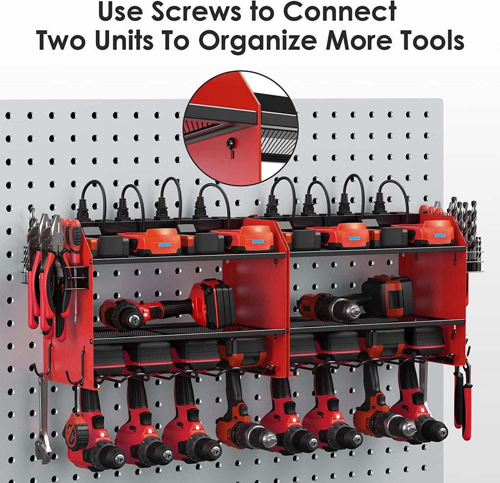 Modular Power Tool Organizer Wall Mount with Charging Station. Garage 4 Drill Storage Shelf with Hooks, Screwdriver, Drill Bit Heavy Duty Rack, Tool Battery Holder Built in 8 Outlet Power Strip.