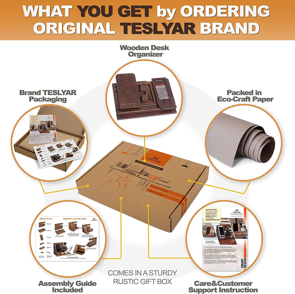 Wood Phone Docking Station for Men - Desk or Nightstand Organizer - Birthday Gifts for Husband, Dad - Anniversary Idea from Wife - Key Holder, Stand Wallet, Watch & Essentials (Bourbon Brown)