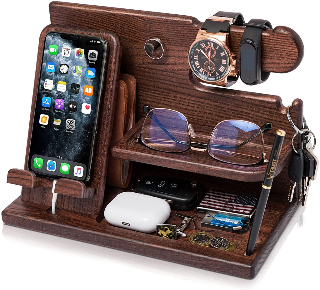 Wood Phone Docking Station for Men - Desk or Nightstand Organizer - Birthday Gifts for Husband, Dad - Anniversary Idea from Wife - Key Holder, Stand Wallet, Watch & Essentials (Bourbon Brown)
