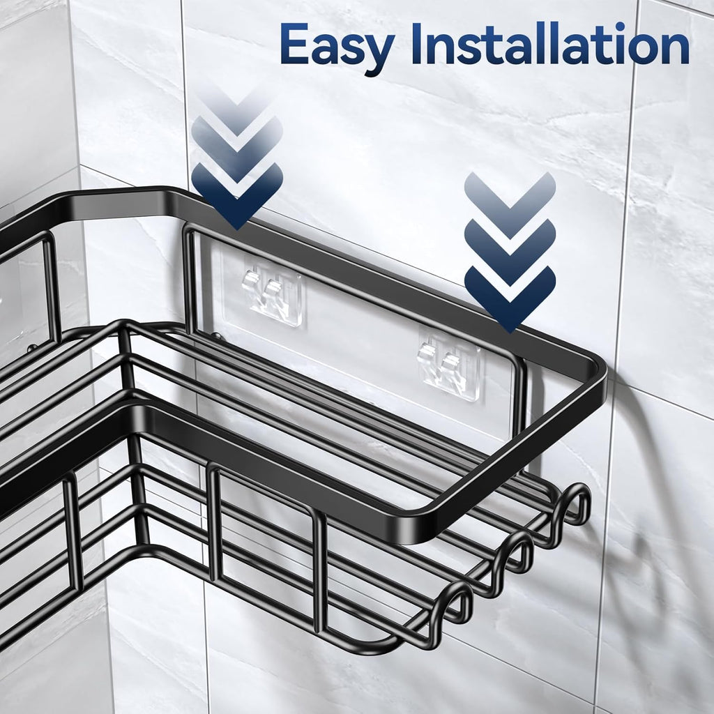 Corner Adhesive Shower Caddy, with Soap Holder and 12 Hooks, Rustproof Stainless Steel Bathroom Organizer, No Drilling Wall Mounted Rack, Black, 3-Pack