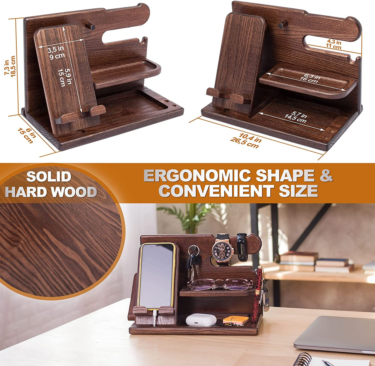Wood Phone Docking Station for Men - Desk or Nightstand Organizer - Birthday Gifts for Husband, Dad - Anniversary Idea from Wife - Key Holder, Stand Wallet, Watch & Essentials (Bourbon Brown)
