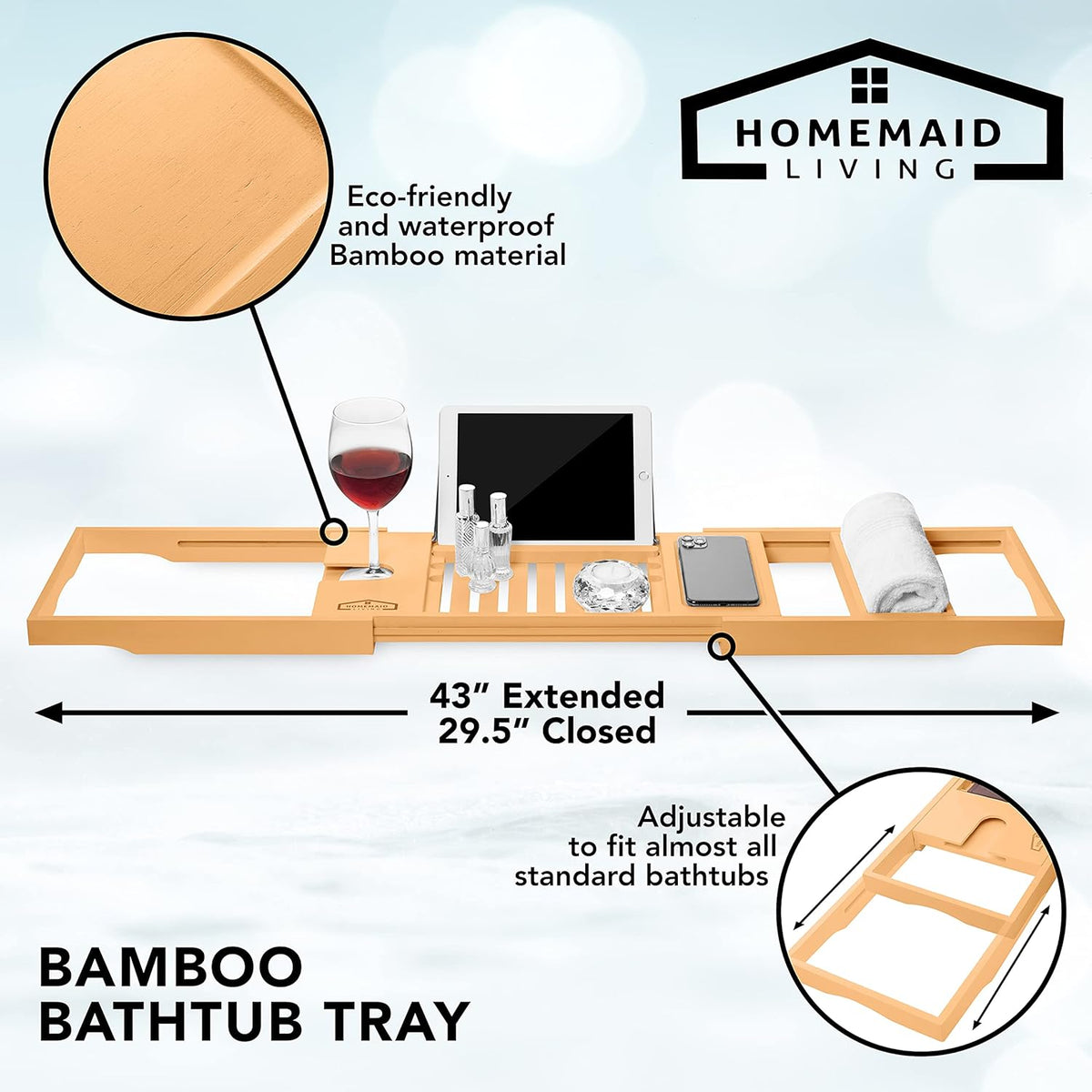 Bamboo Bathtub Tray - Expandable Bathroom Bathtub Table Tray with Reading Rack or Tablet Holder - Bath Tray with Wine Glass Holder, Bathroom Caddy, Fits All Bathtubs (Natural Bamboo)